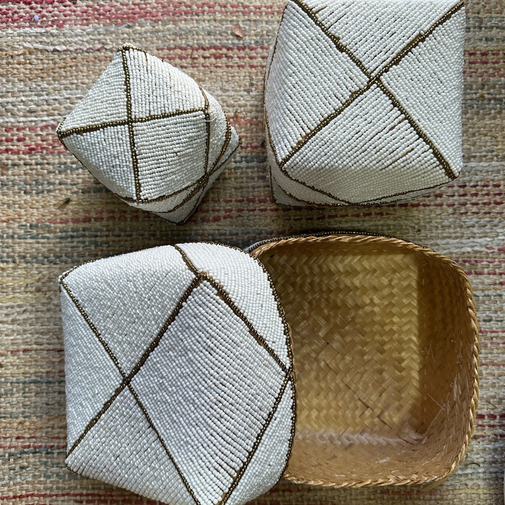 Handcrafted White and Brown Beaded Baskets - set of 3 Nesting